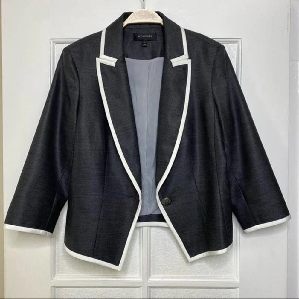 St. John Birdseye Blazer Jacket Medium Gray White Tuxedo Suit 8 Wool Silk